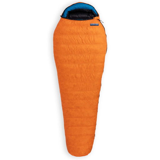 Fully zipped Feathered Friends Swift UL Ultralight 20 30 Degree wide mummy down sleeping bag in Flame orange