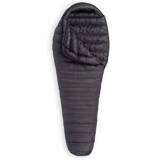 Partially unzipped Feathered Friends Swift UL Ultralight 20 30 Degree wide mummy down sleeping bag in dark Graphite gray