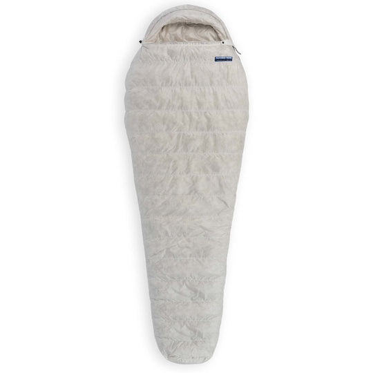 Fully zipped Feathered Friends Swift UL Ultralight 20 Degree 30 Degree wide mummy down sleeping bag in Undyed Pertex Quantum Pro