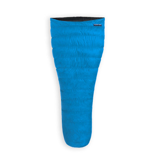 Feathered Friends Vireo Ultralight Minimalist Down Sleeping Bag with Cerulean blue Pertex Quantum Pro fabric