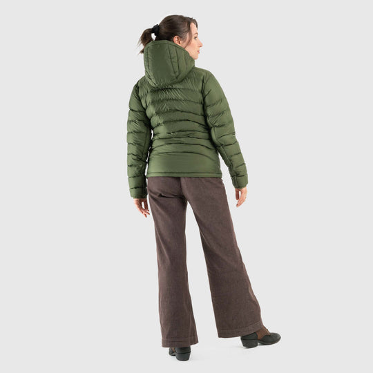 Studio back view of woman wearing a chive green Women's Feathered Friends Eos Down Jacket