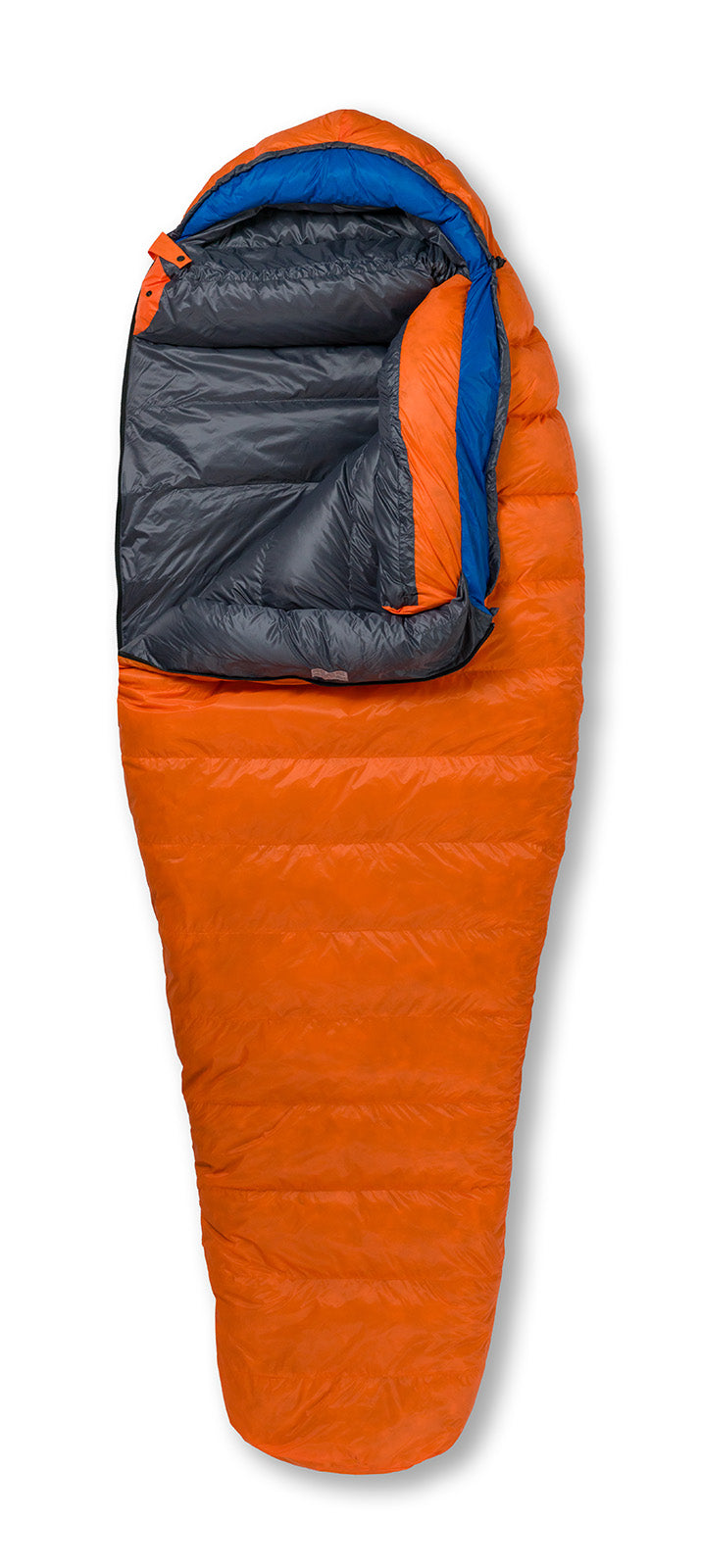 Studio image of Tangerine orange Feathered Friends Petrel 10 UL Ultralight Women's Down Sleeping Bag