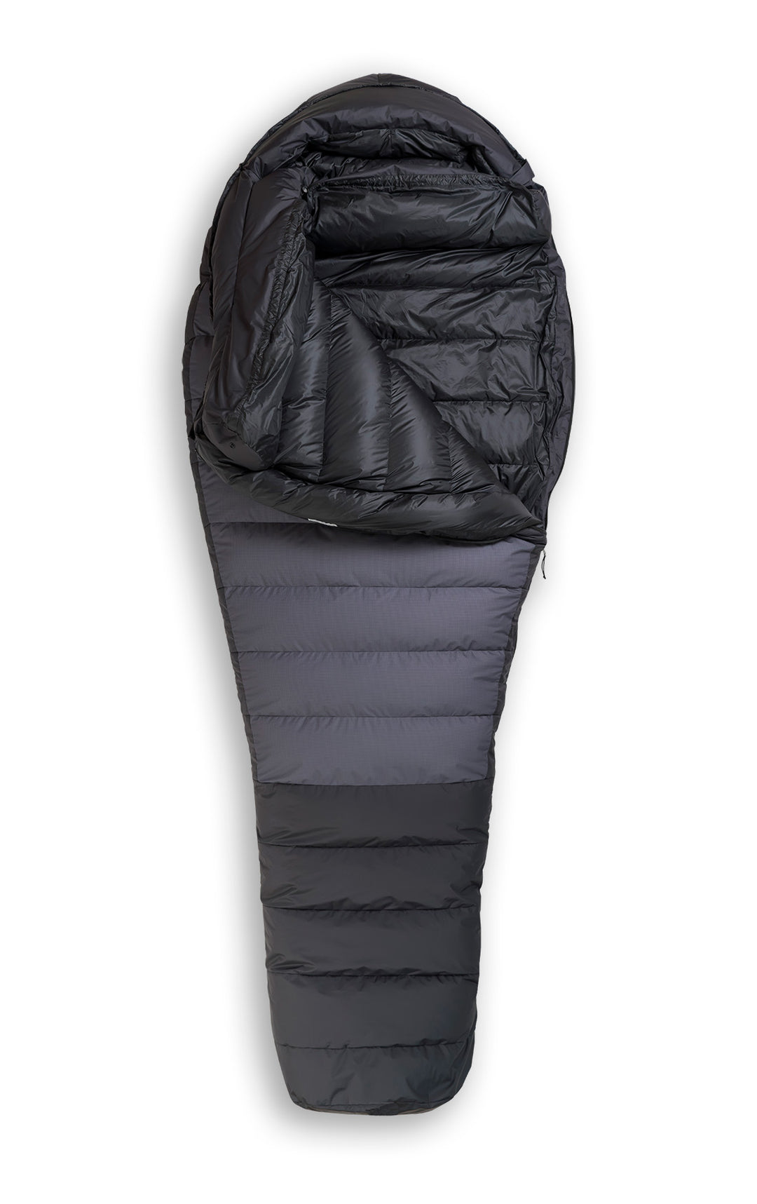 Studio image front view Feathered Friends Ibis ES 0 Degree Down Sleeping Bag Ocean black and grey color, partially unzipped