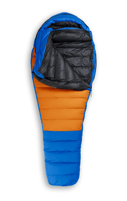 Studio image front view Feathered Friends Ibis ES 0 Degree Down Sleeping Bag Ocean blue and orange color, partially unzipped