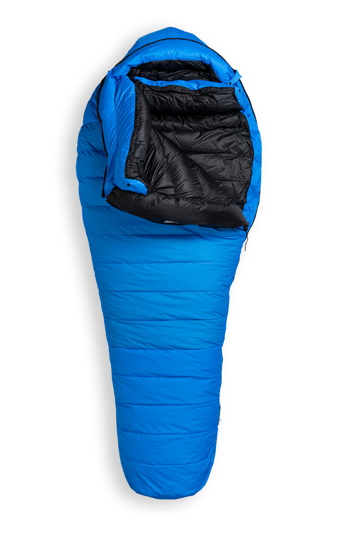 Studio image front view Feathered Friends Peregrine ES -25 Degree Down Sleeping Bag Ocean blue color, partially unzipped