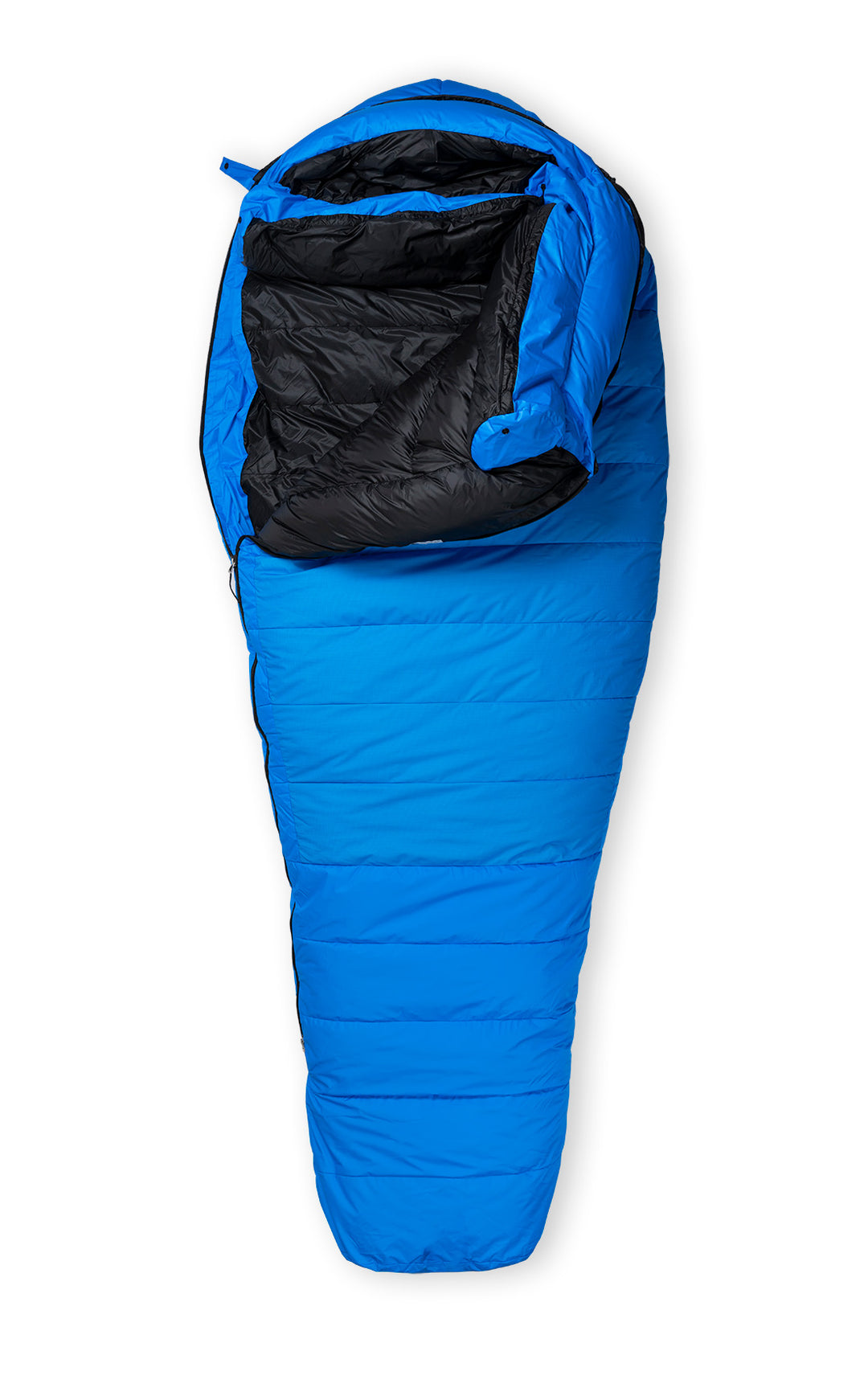 Studio image front view Feathered Friends Women's Plover ES -25 Degree Down Sleeping Bag Ocean blue color, partially unzipped