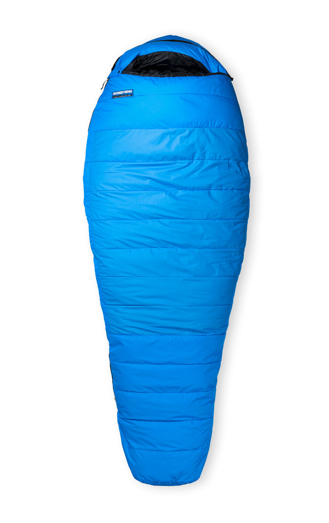 Studio image front view Feathered Friends Women's Plover ES -25 Degree Down Sleeping Bag Ocean blue color, fully zipped