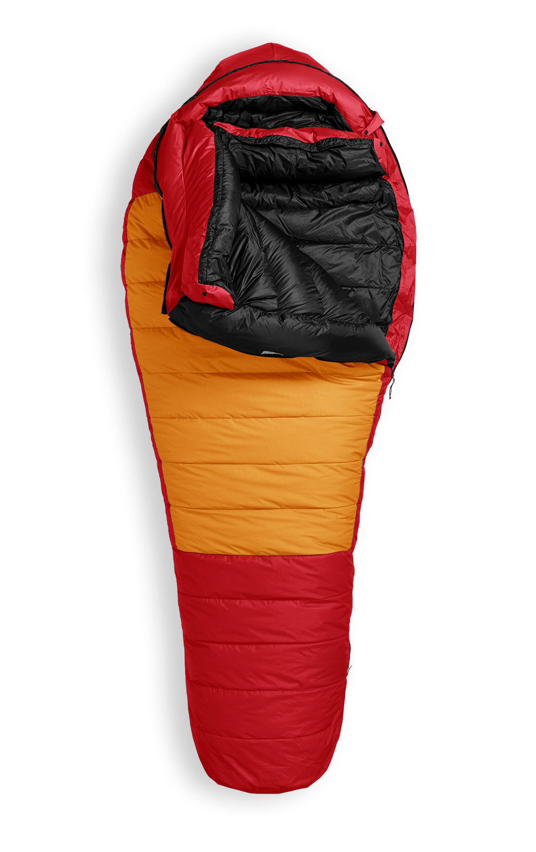 Studio image front view partially unzipped Feathered Friends Ptarmigan ES -25 Degree Down Sleeping Bag Lava red and orange colors