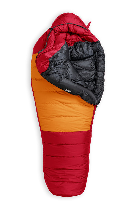 Studio image front view partially unzipped Feathered Friends Snow Goose ES -40 Down Sleeping Bag Lava red and Orange colors