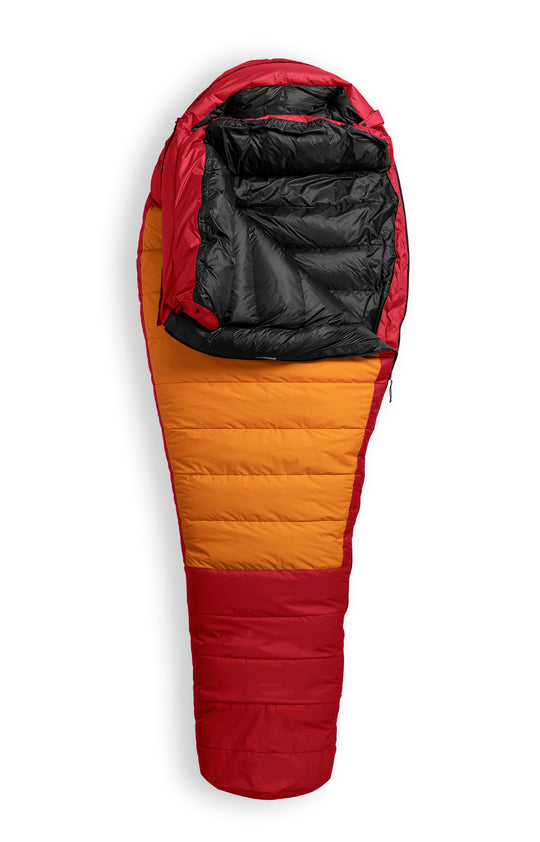 Studio image front view Feathered Friends Snowbunting ES 0 Degree Down Sleeping Bag Ocean lava red and orange color, partially unzipped