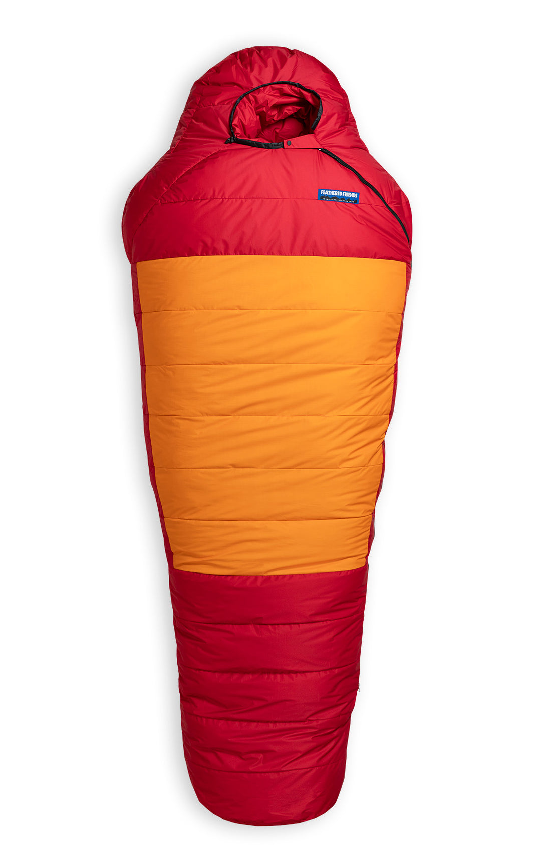 Studio image front view fully zipped Feathered Friends Snowy Owl ES -60 Degree Down Sleeping Bag Lava and Orange colors