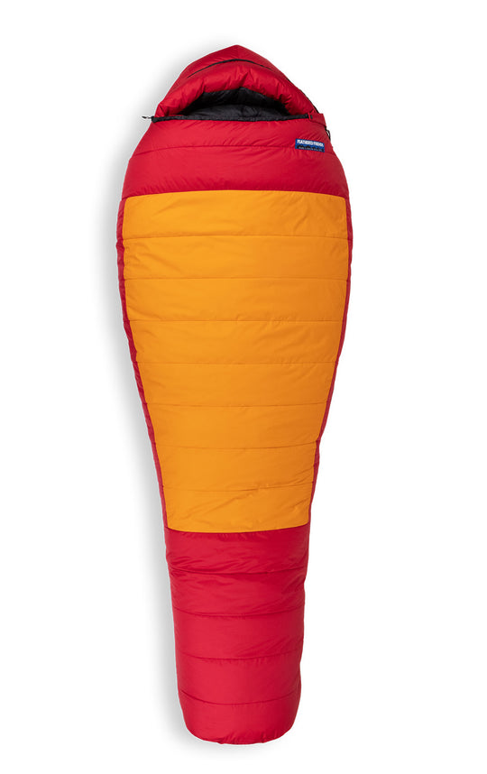 Studio image front view Feathered Friends Widgeon ES -10 Degree Down Sleeping Bag Lava red and orange color, fully zipped