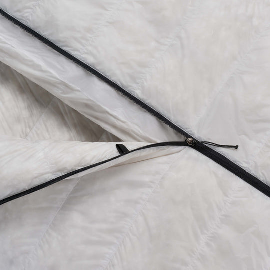 Feathered Friends Flicker UL Ultralight Quilt Sleeping bag zipper detail of Undyed Pertex Quantum Pro