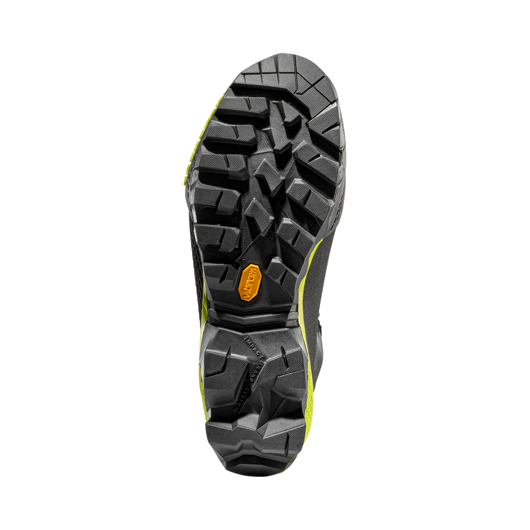 Close-up of La Sportiva Aequilibrium LT GTX hiking boot sole with tread pattern on a white background