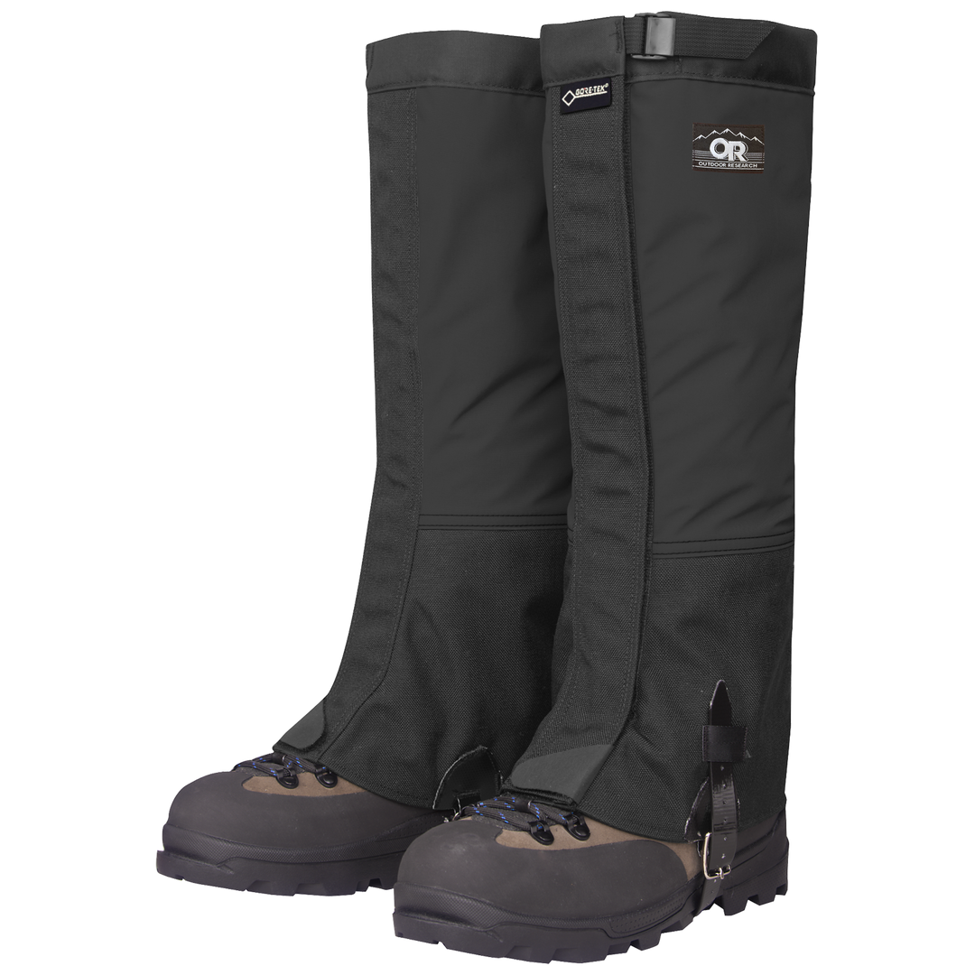 Black Outdoor Research Crocodile Classic gaiters with brand logos on a white background