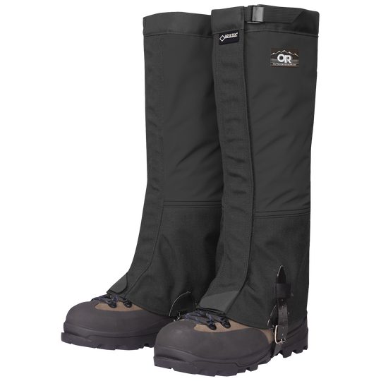 Black Outdoor Research Crocodile Classic gaiters with brand logos on a white background