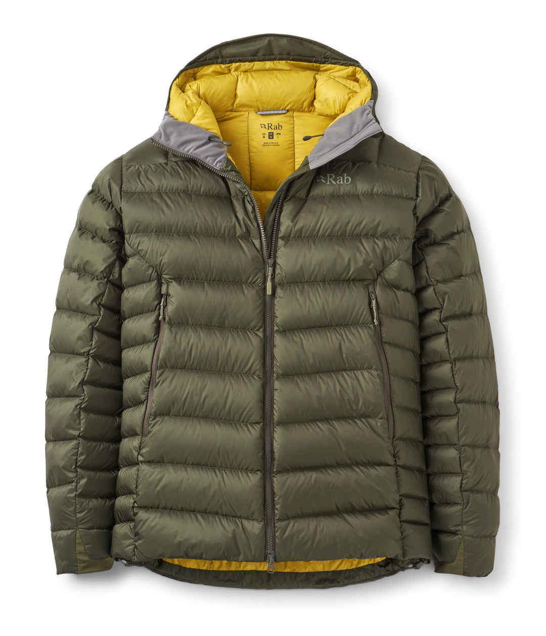 Army green RAB Electron Pro men's down jacket on white background