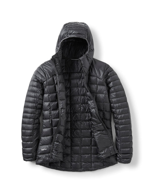 Black RAB Mythic Alpine Light men's unzipped jacket on white background