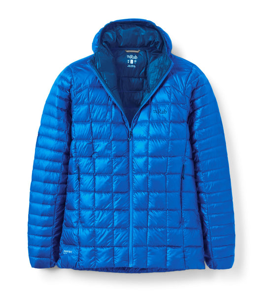 Maya blue Rab Mythic Alpine Light puffer jacket with hood on a white background