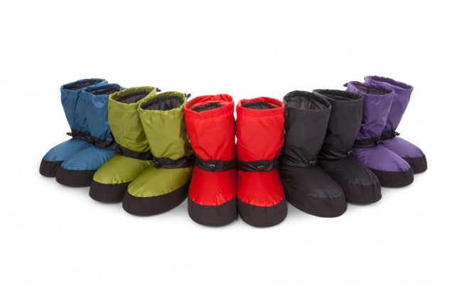 Feathered Friends Down Booties in assorted colors: blue, green, red, black, and purple