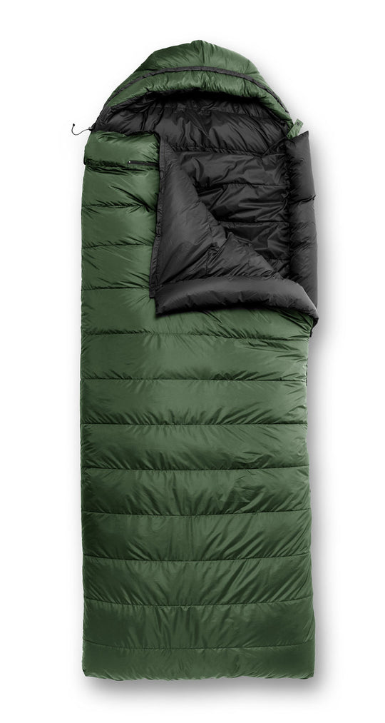 Studio image of the Feathered Friends Condor YF Rectangular Down Sleeping Bag with optional hood attached in Fir green color
