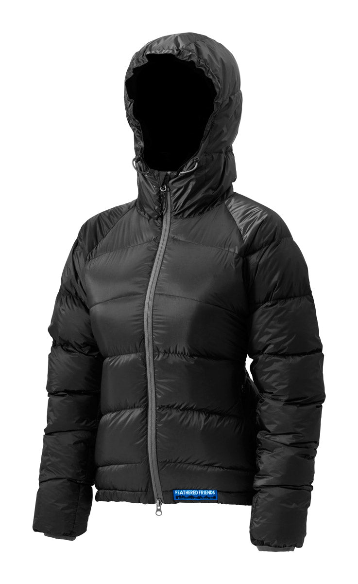 Studio front view image of Women's Feathered Friends Ellia Down Jacket in color Black