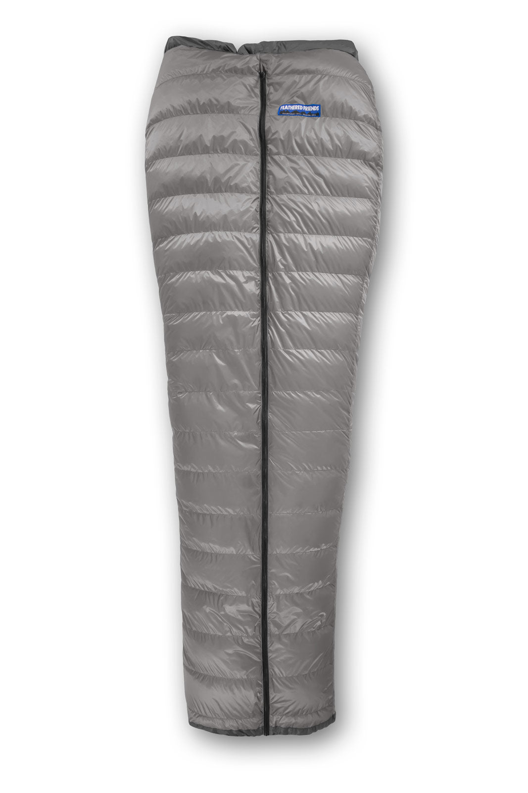 Studio top view of the Feathered Friends Flicker Ultralight Quilt Sleeping Bag in Titanium Gray color