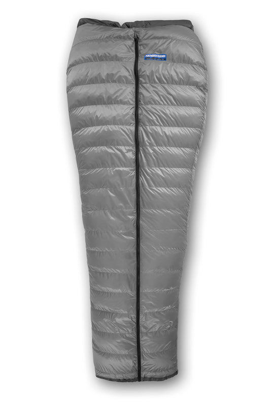 Studio image top view Feathered Friends Wide Flicker Ultralight Down Quilt Sleeping Bag Titanium gray color
