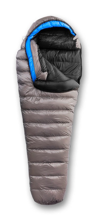 Studio image of Feathered Friends Lark Ultralight 10 Degree Down Sleeping Bag in Titanium Gray color