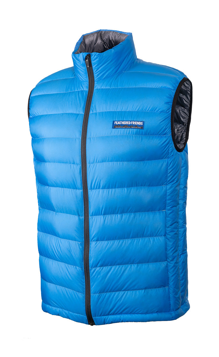 Studio image front view of Feathered Friends Men's Eos Down Vest in Blue Sky color