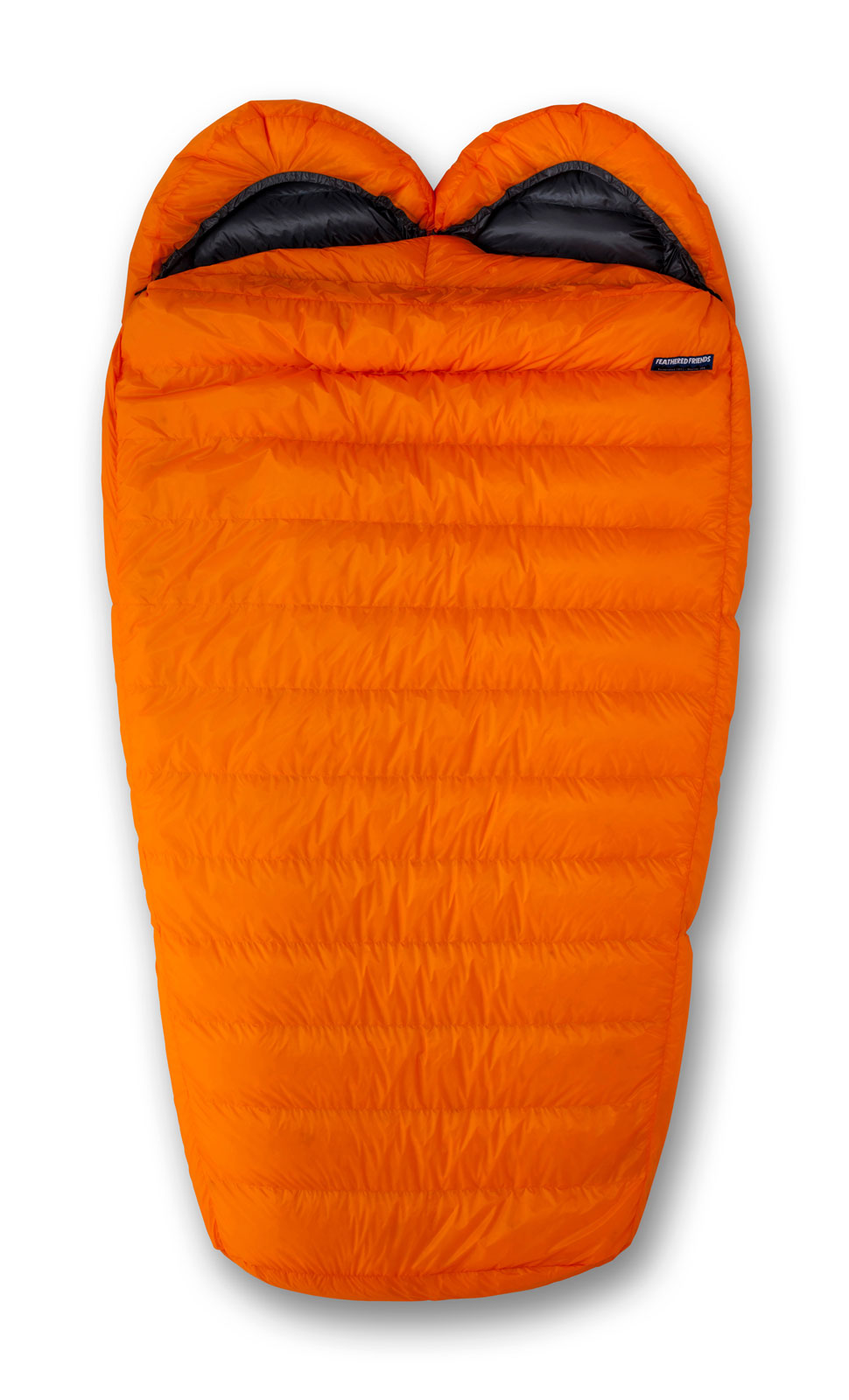 Studio image of the Feathered Friends Spoonbill Ultralight two-person Sleeping Bag in Tangerine orange color