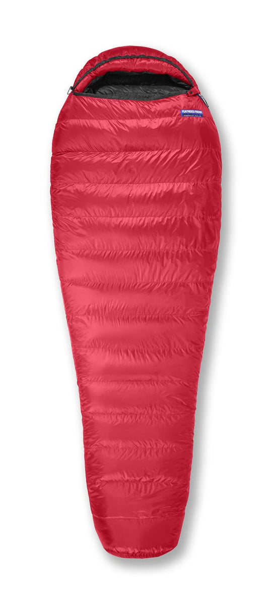 Studio image front view Feathered Friends Swallow 20 30 Degree YF Ultralight Down Sleeping Bag Cardinal red color