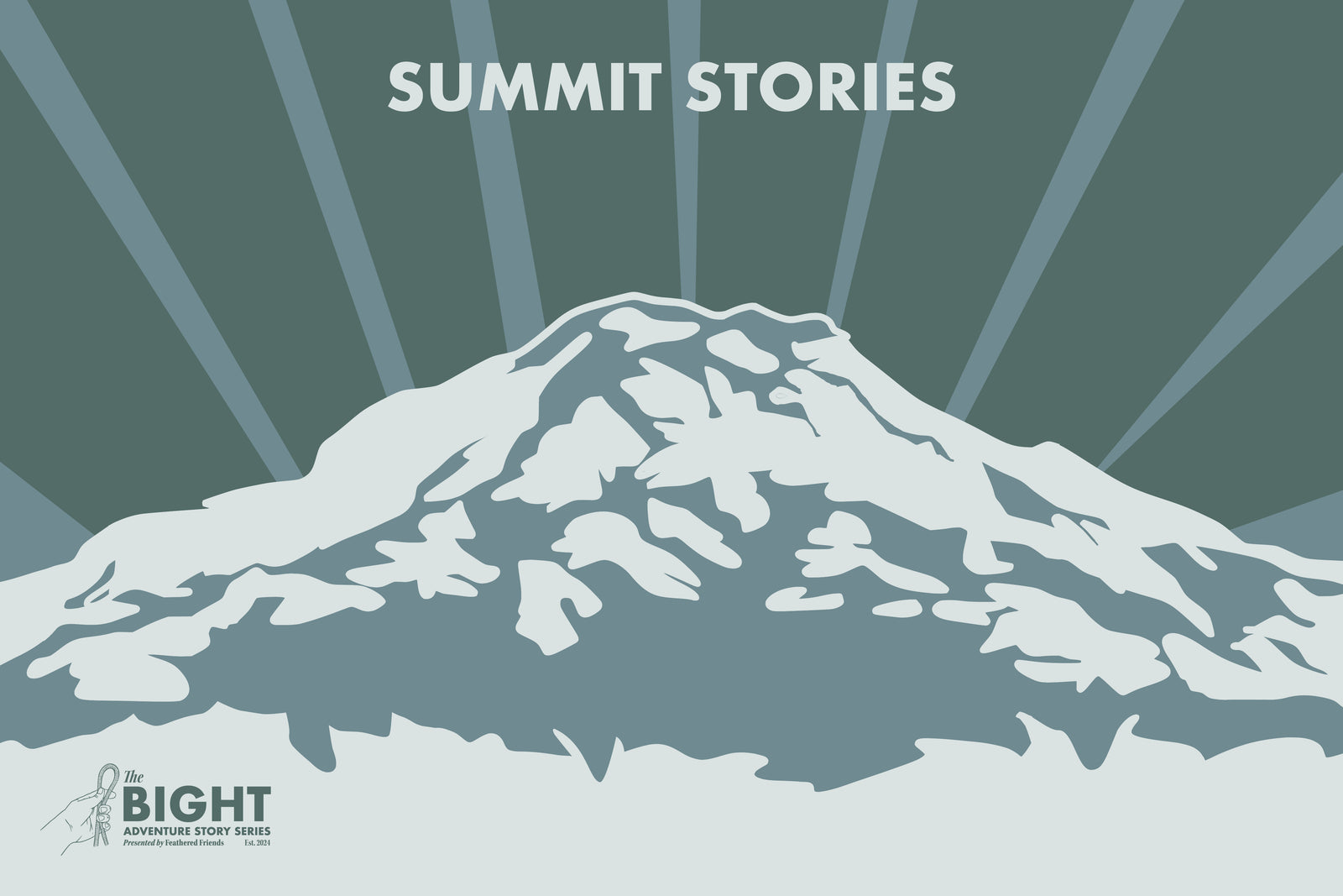 Illustrative poster depicting Mt. Tahoma in an artistic monochromatic graphic style. Reads: Summit Stories. Bight logo in bottom left corner.