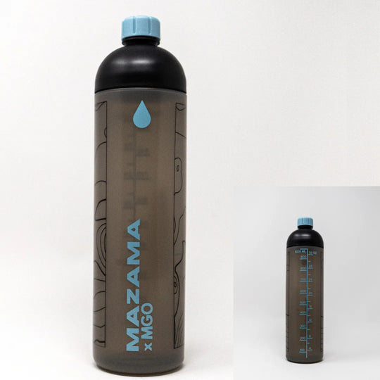 Mazama x MGO water bottle with black body and blue accents on a white background