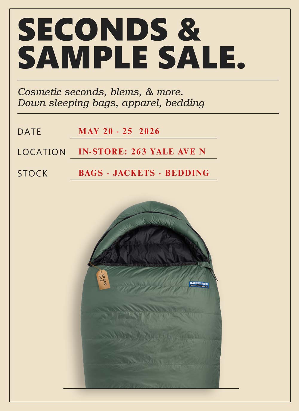 Promotional flyer for Feathered Friends seconds and sample sale with a green sleeping bag on a beige background.