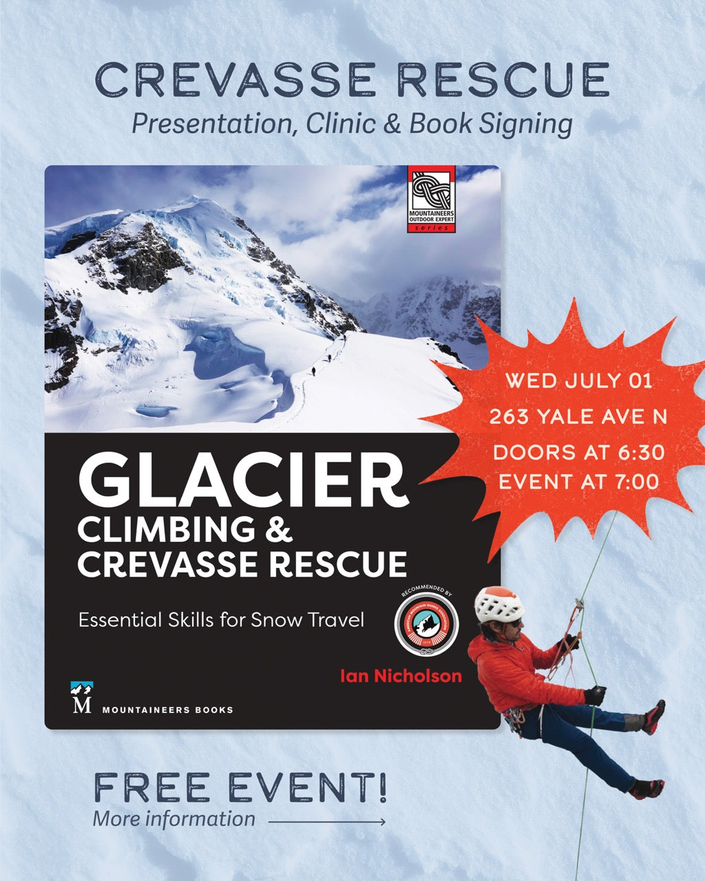Promotional flyer for a glacier climbing and crevasse rescue event with mountain and ice climbing graphics.