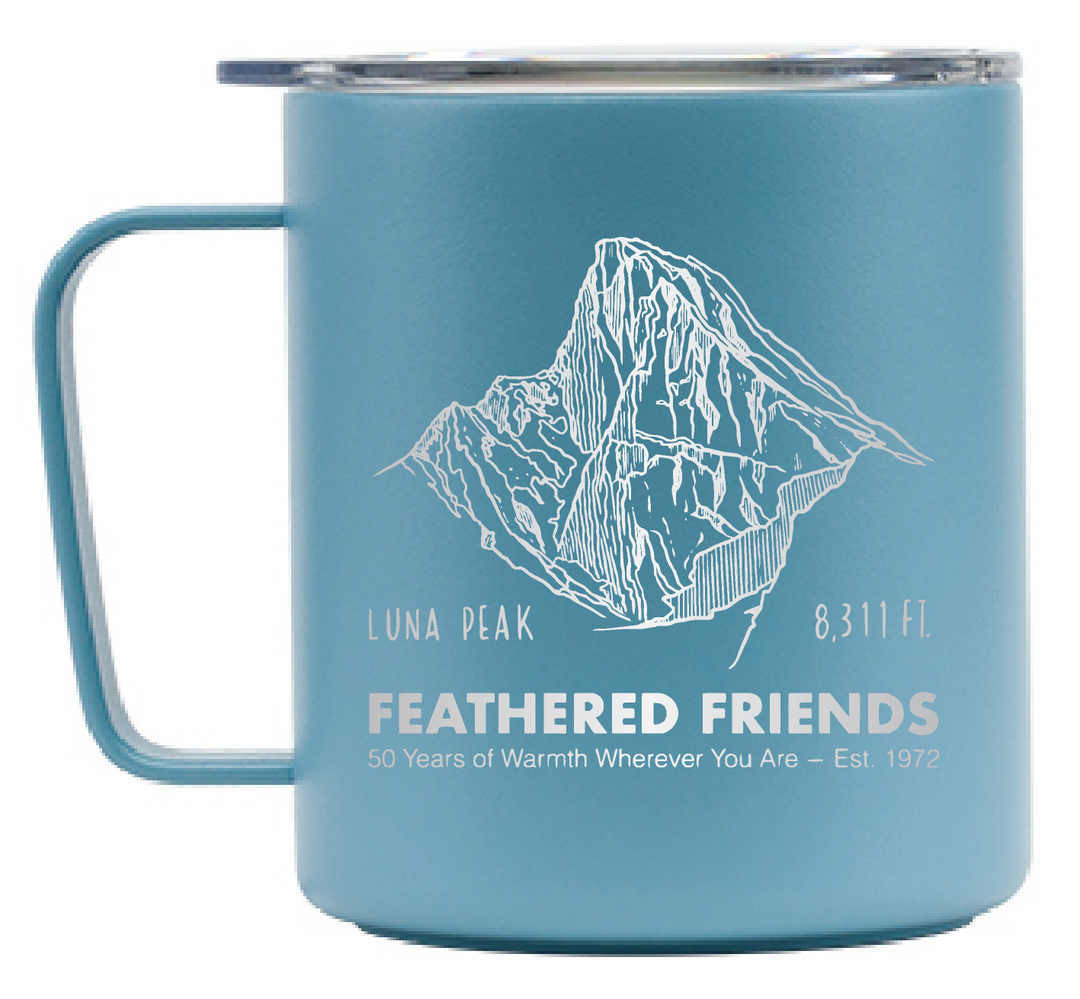 Feathered Friends Luna Peak Miir Camp Cup Teal art detail designed by Ana Corral