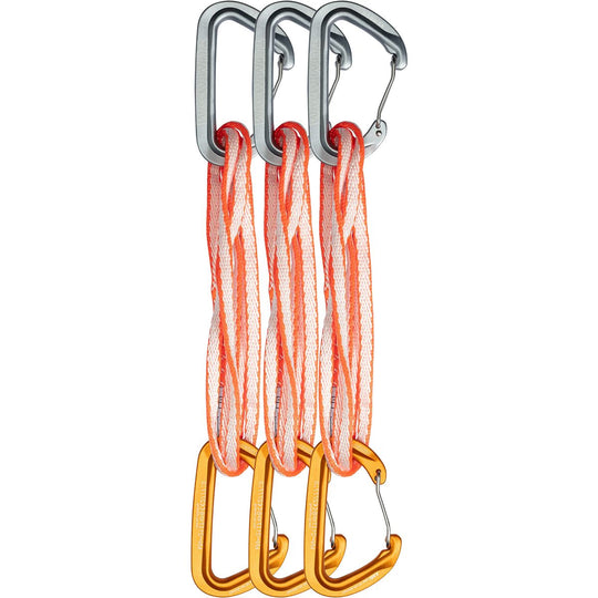Set of carabiners with orange slings on a white background