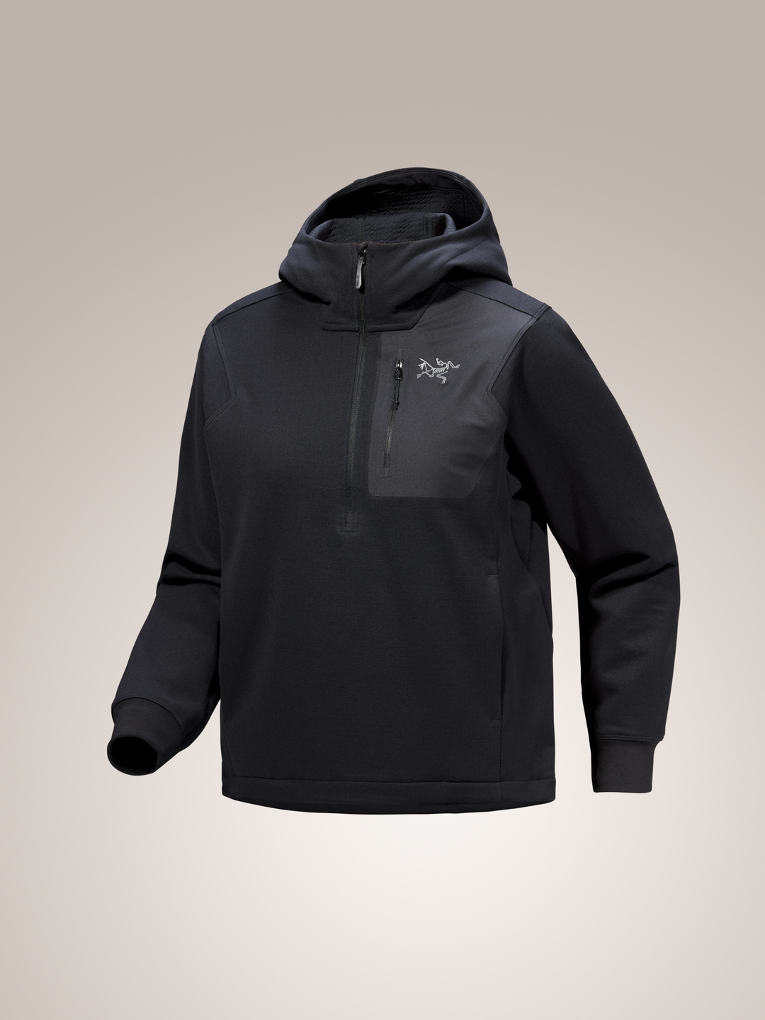 Black Arc'teryx Aestas hooded jacket with a brand logo on a light gray background