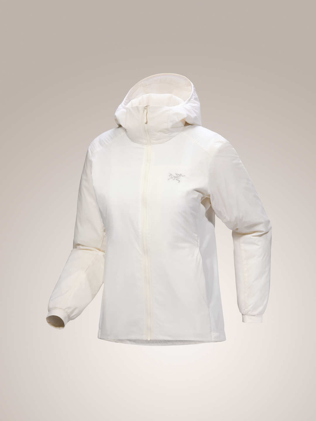 Arctic Silk white Arc'teryx Atom women's hooded jacket on gray background