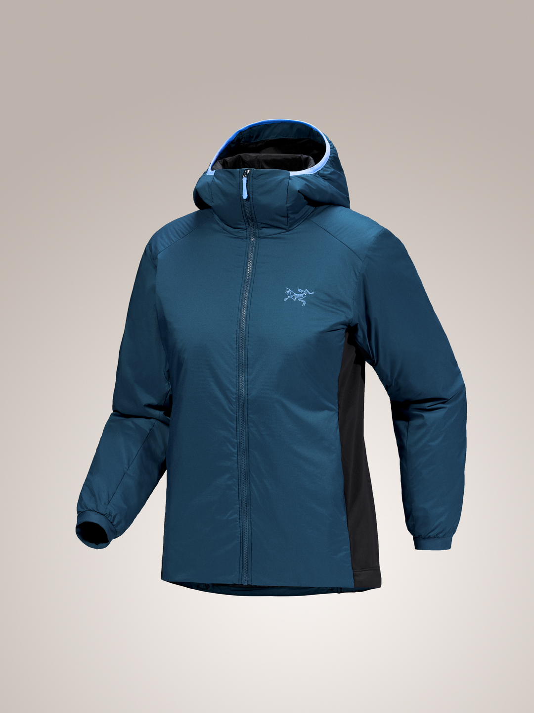 Midnight Frost blue Arc'teryx  Atom women's hooded jacket with a brand logo on a beige background