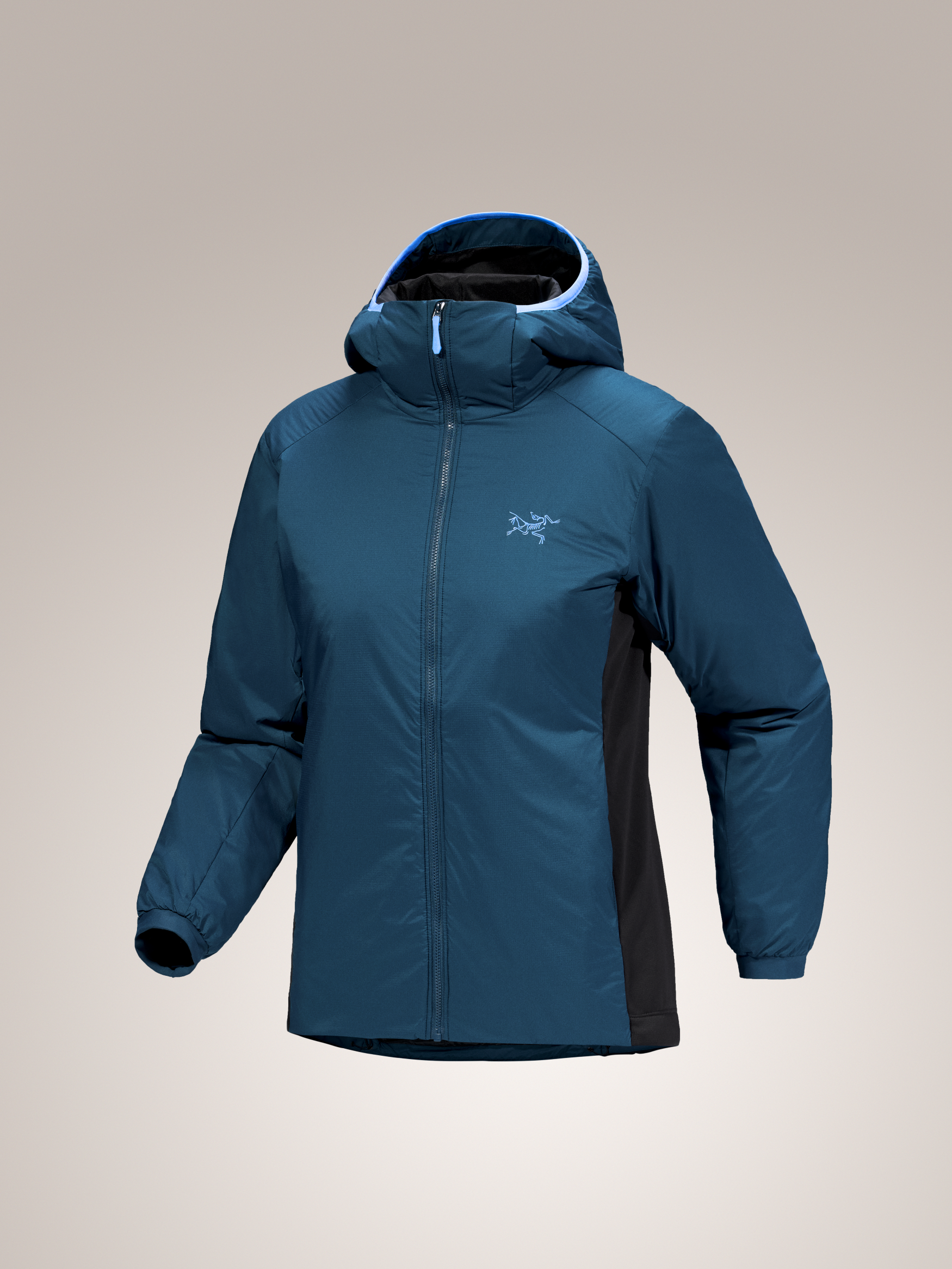 Midnight Frost blue Arc'teryx  Atom women's hooded jacket with a brand logo on a beige background