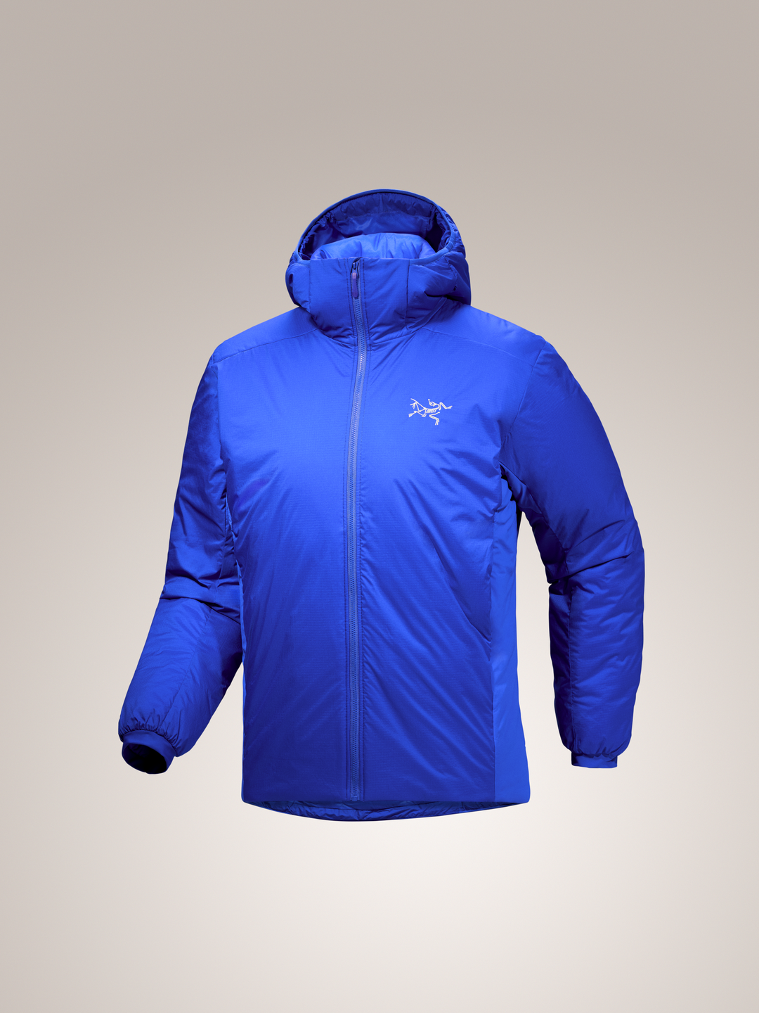 Vitality Blue Arc'teryx Atom SV Hooded men's jacket with a brand logo on a gray background