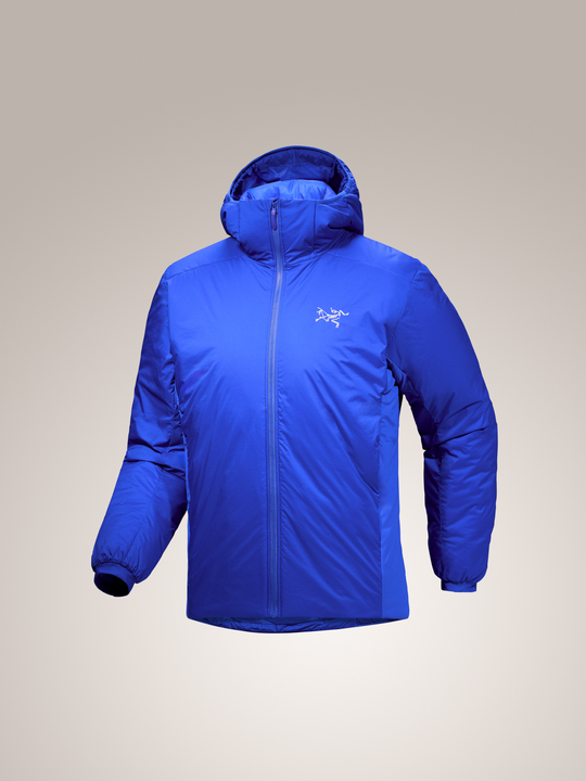 Vitality Blue Arc'teryx Atom SV Hooded men's jacket with a brand logo on a gray background