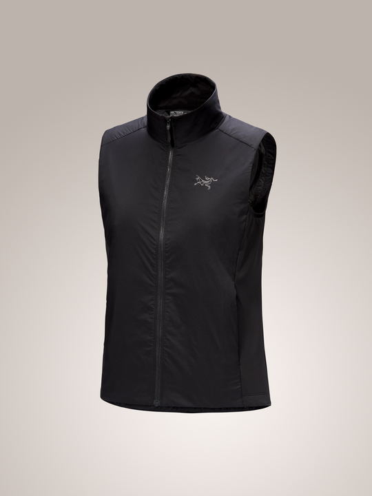 Black Arc'teryx Atom women's vest with a brand logo on a light gray background