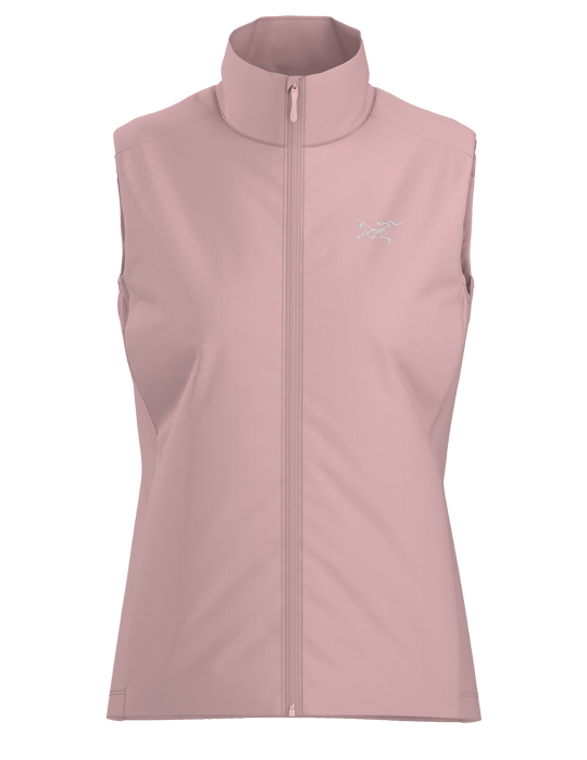 Bliss pink Arc'teryx Atom women's vest with a brand logo on a white background