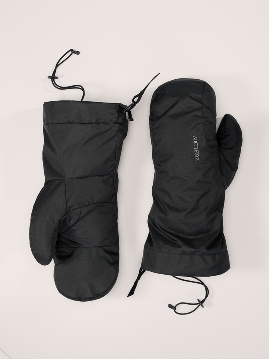 Black Arc'teryx Beta down mittens on gray background