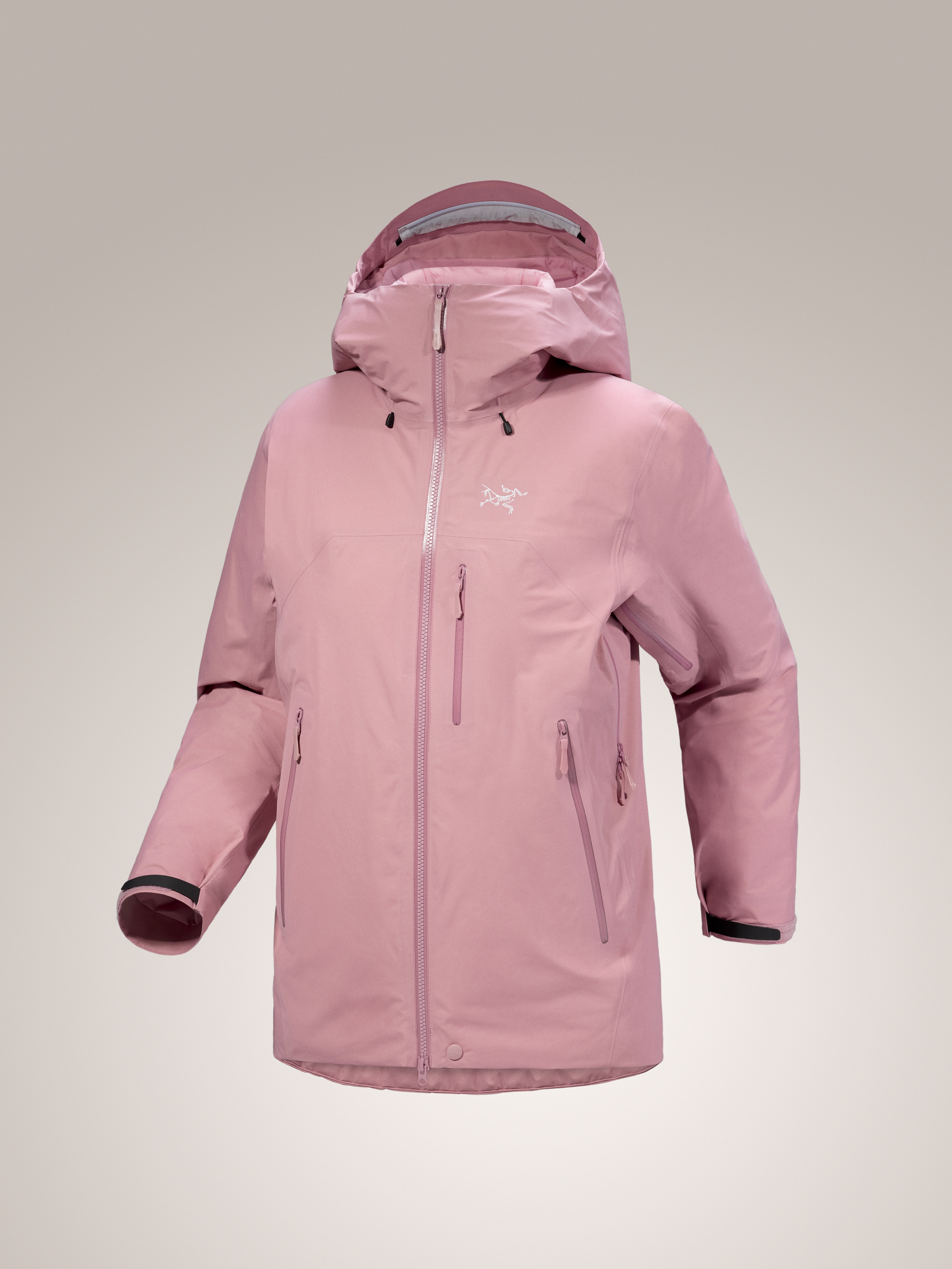 Bliss pink Arc'teryx Beta Insulated women's jacket on gray background