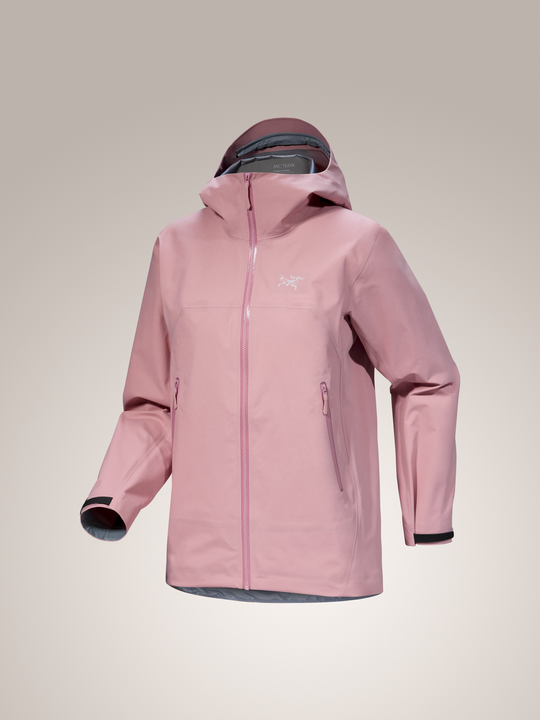 Bliss pink Beta women's jacket with a hood on a light gray background