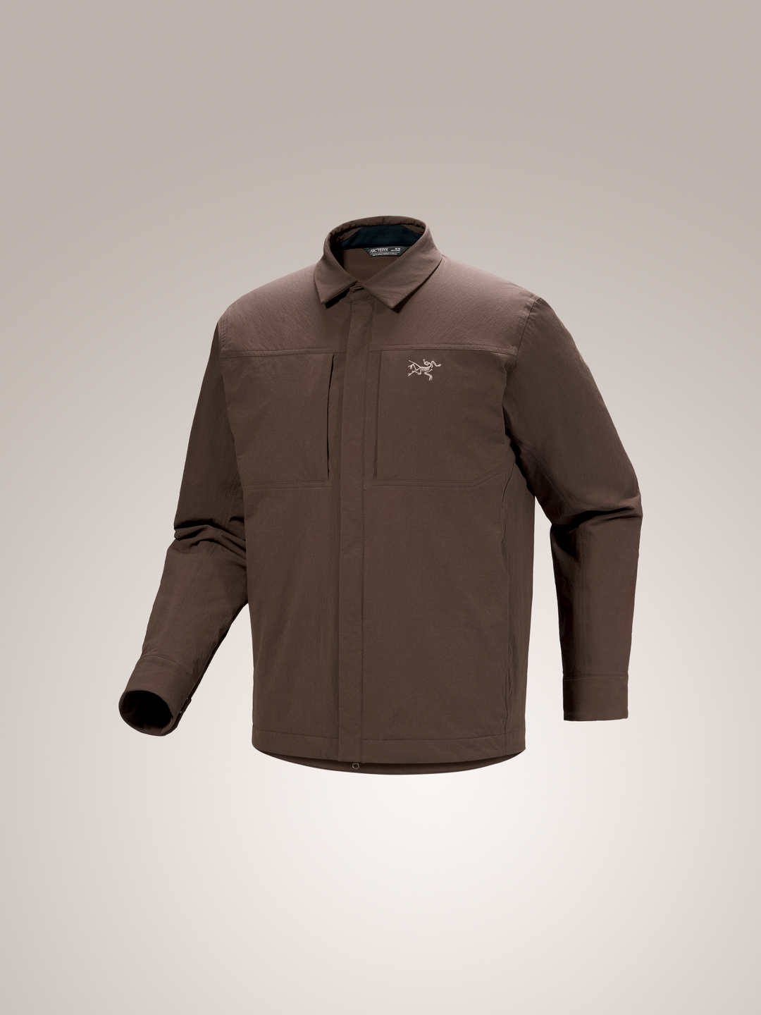 Carob brown Arc'teryx Cronin insulated men's overshirt with a brand logo on a light gray background
